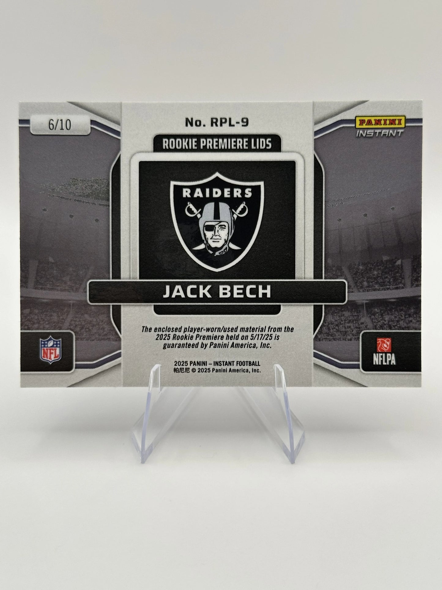 Jack Bech | 2025 Panini Instant | Rookie Premiere Lids Patch RC /10 (Raw)